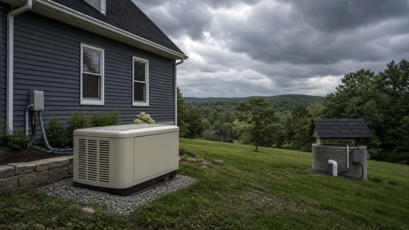 Rural Tennessee home during a storm with a standby generator beside it
