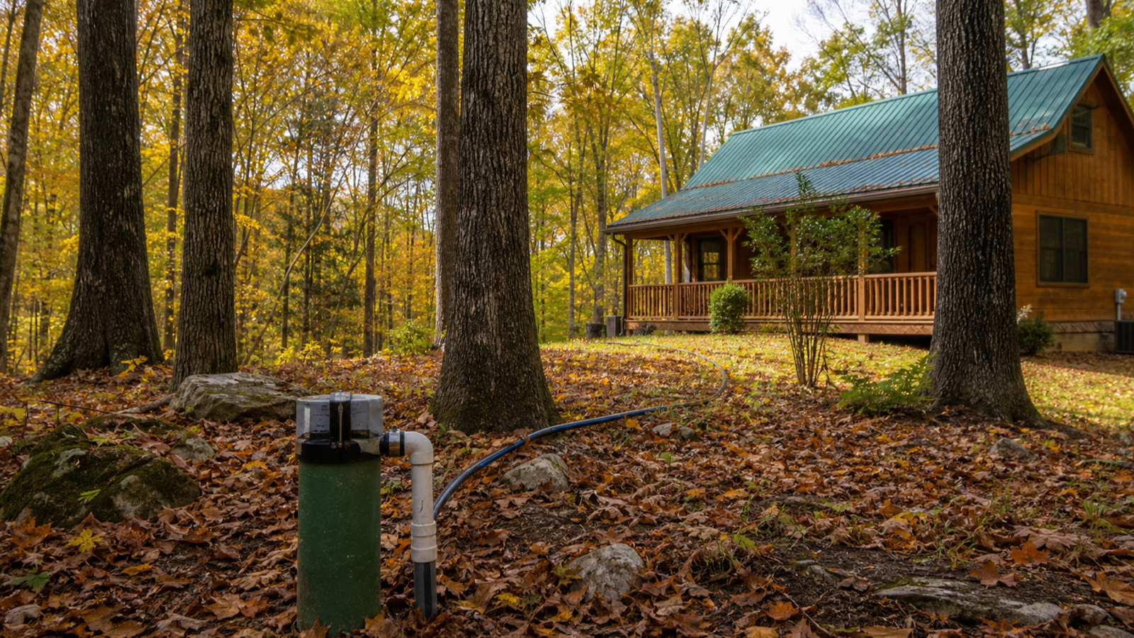 Wooded Tennessee cabin with a nearby well casing among trees