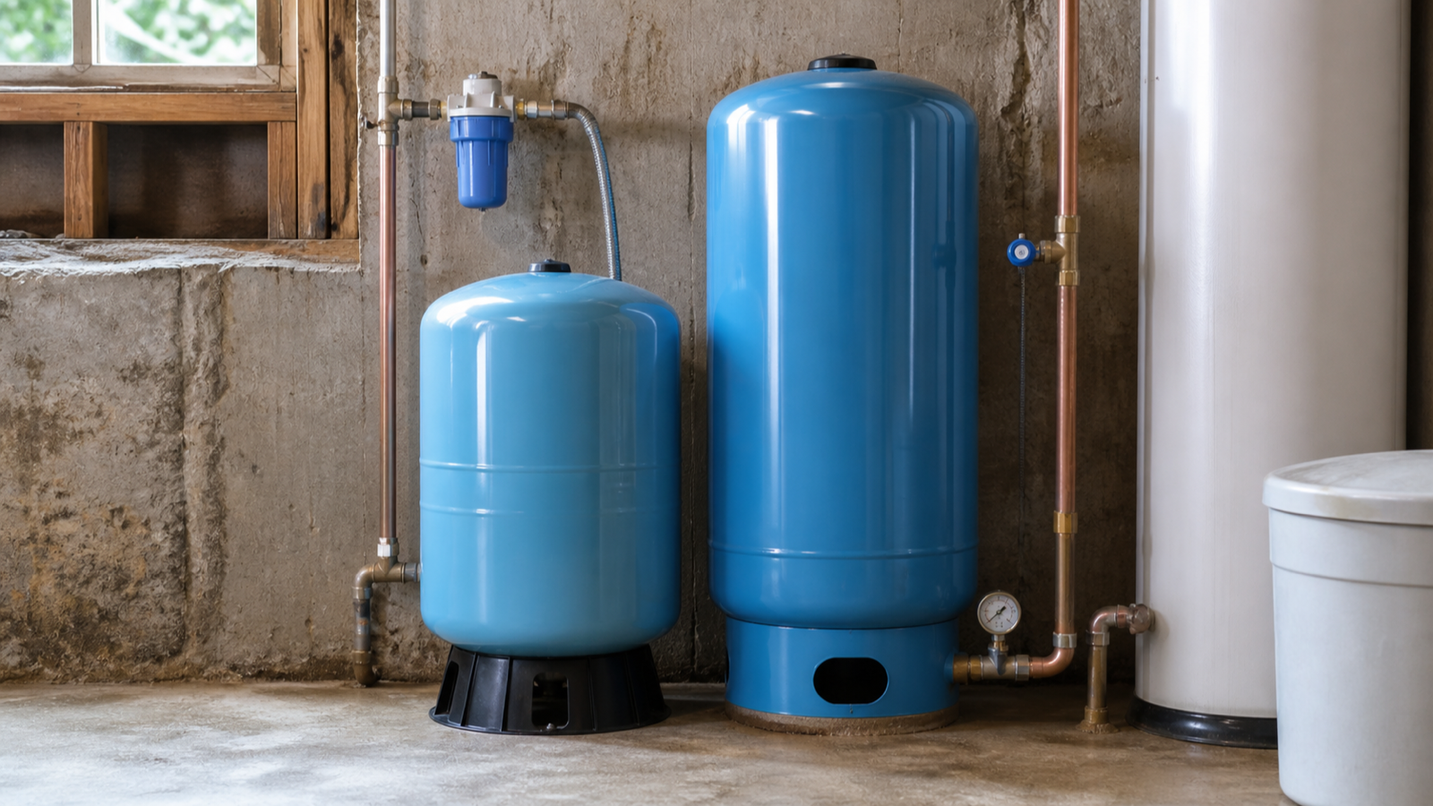 A large well pressure tank next to a smaller one for size comparison