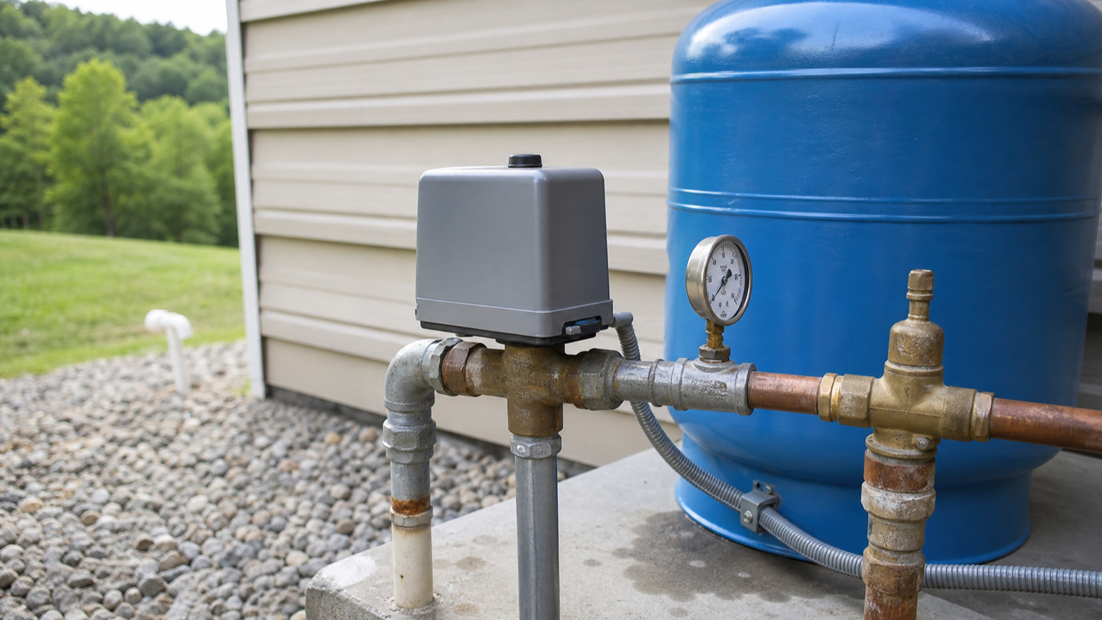 Well pump pressure switch mounted near the pressure tank