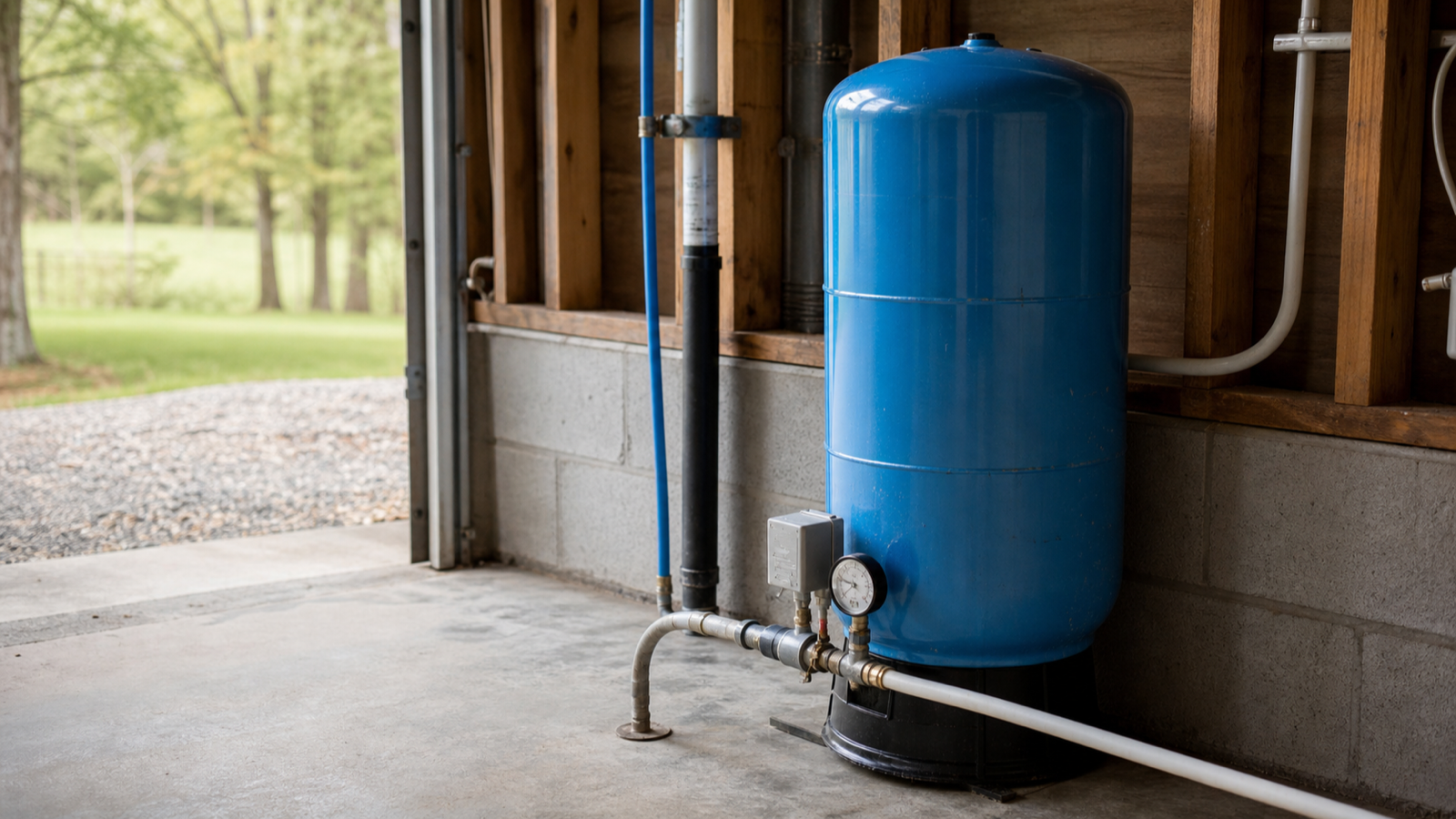 A pressure tank and pump wiring in a rural Cookeville-area utility space
