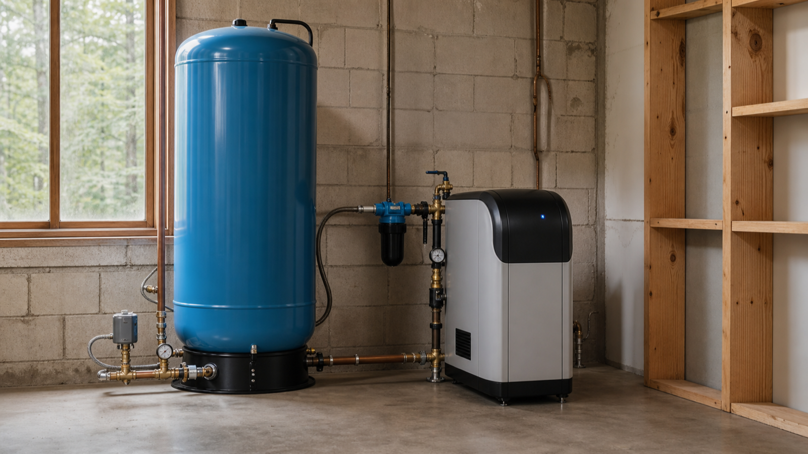 A traditional pressure tank beside a compact variable-speed system in a utility room
