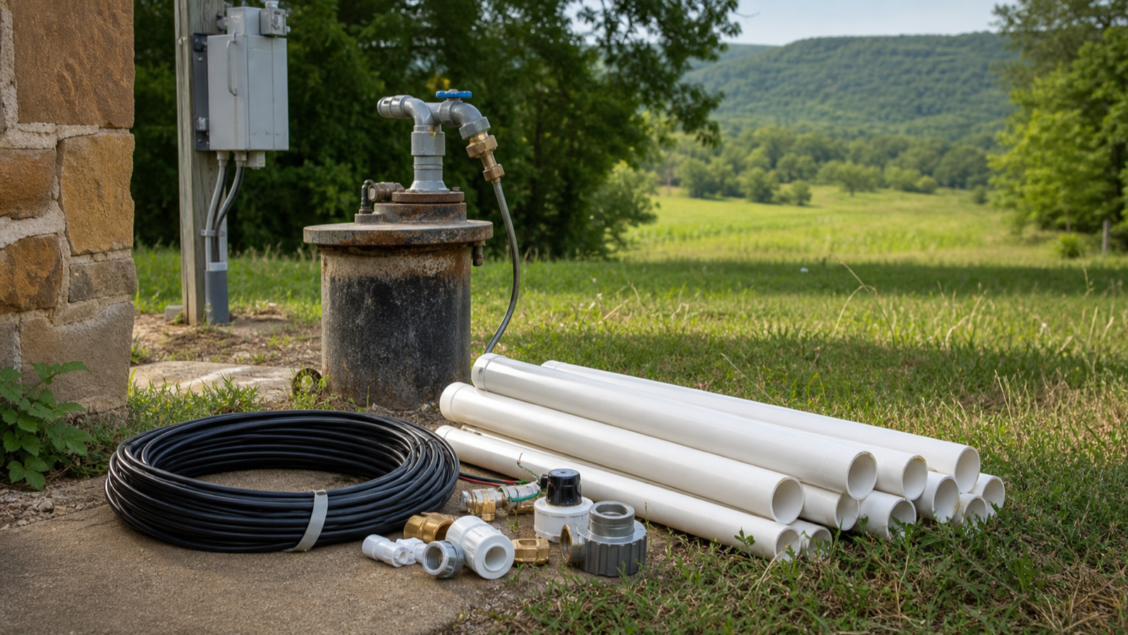 New drop pipe, pump wire and fittings staged for a well pump replacement