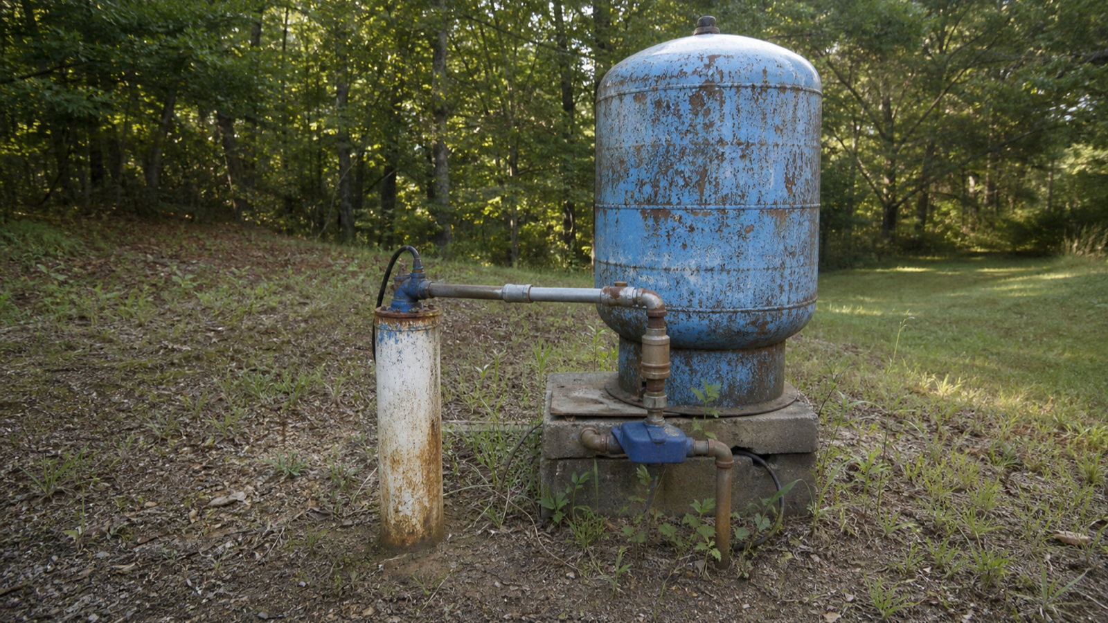 Older weathered well casing and pressure tank on rural Tennessee property