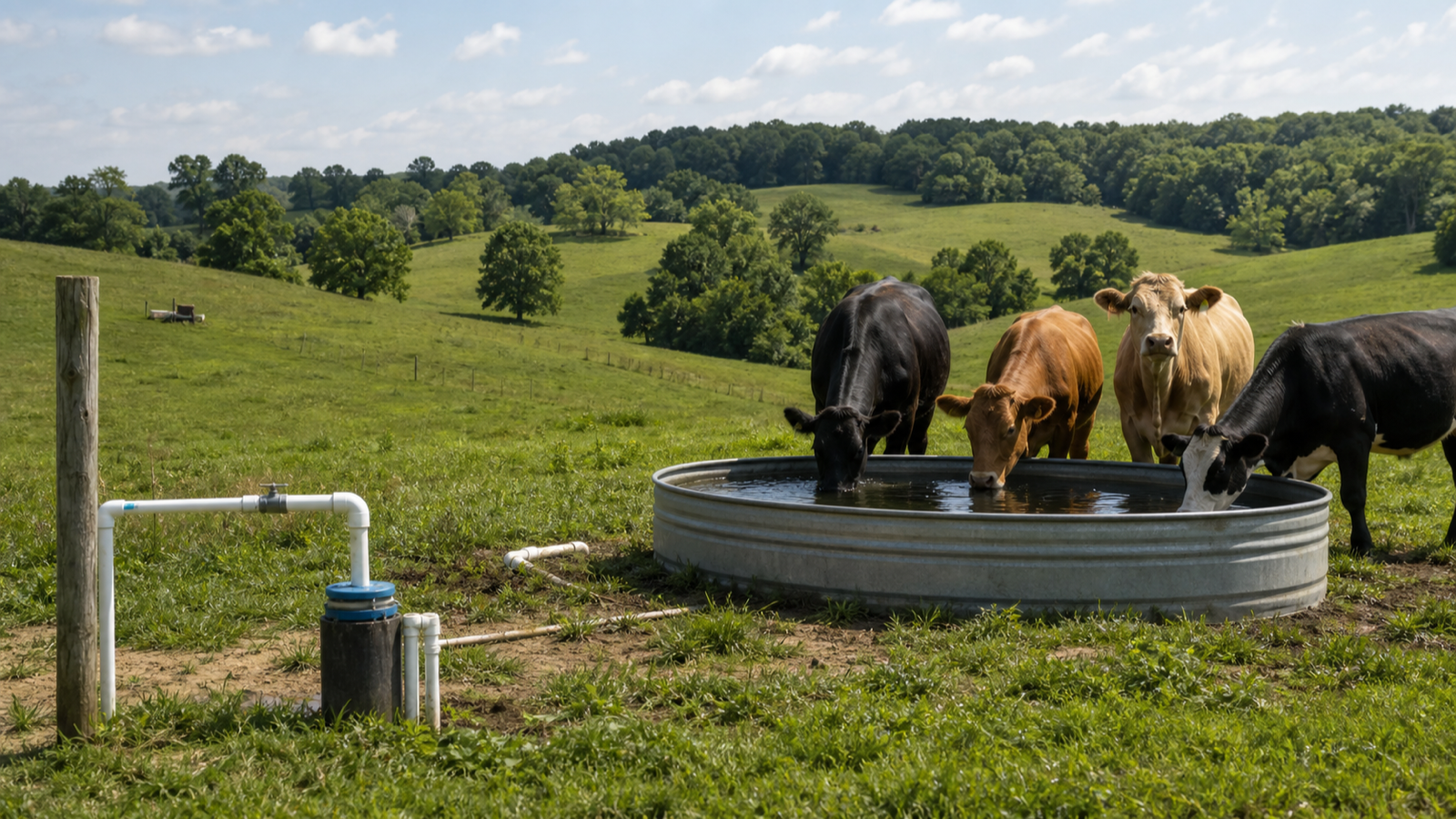 Cattle drinking from a stock tank on a Tennessee farm fed by a well