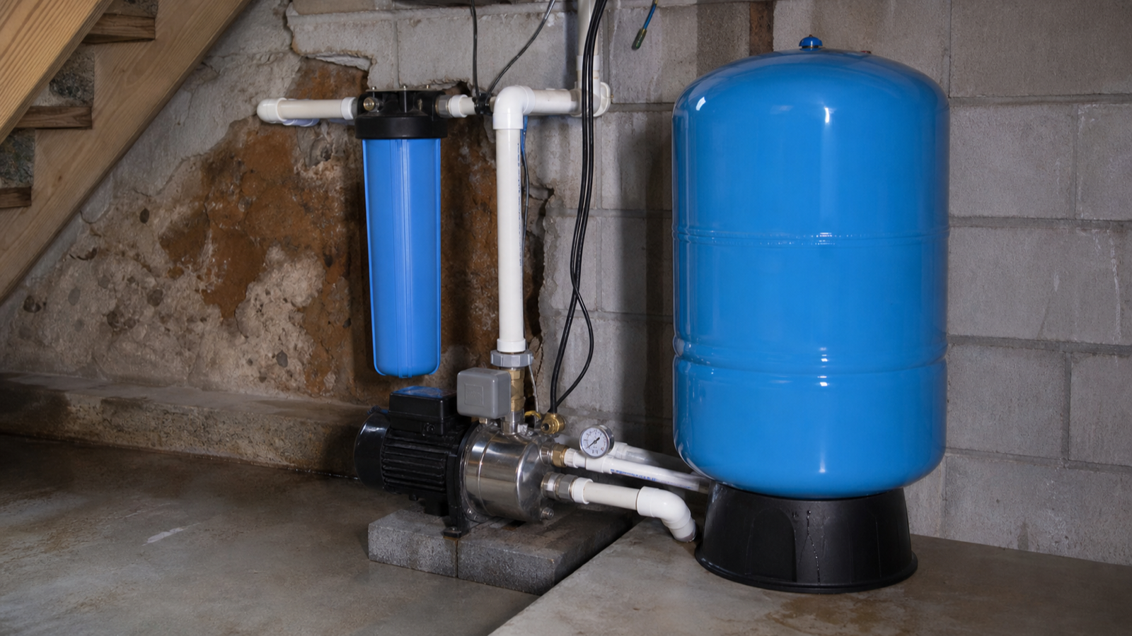 A blue steel well pressure tank standing beside plumbing in a basement