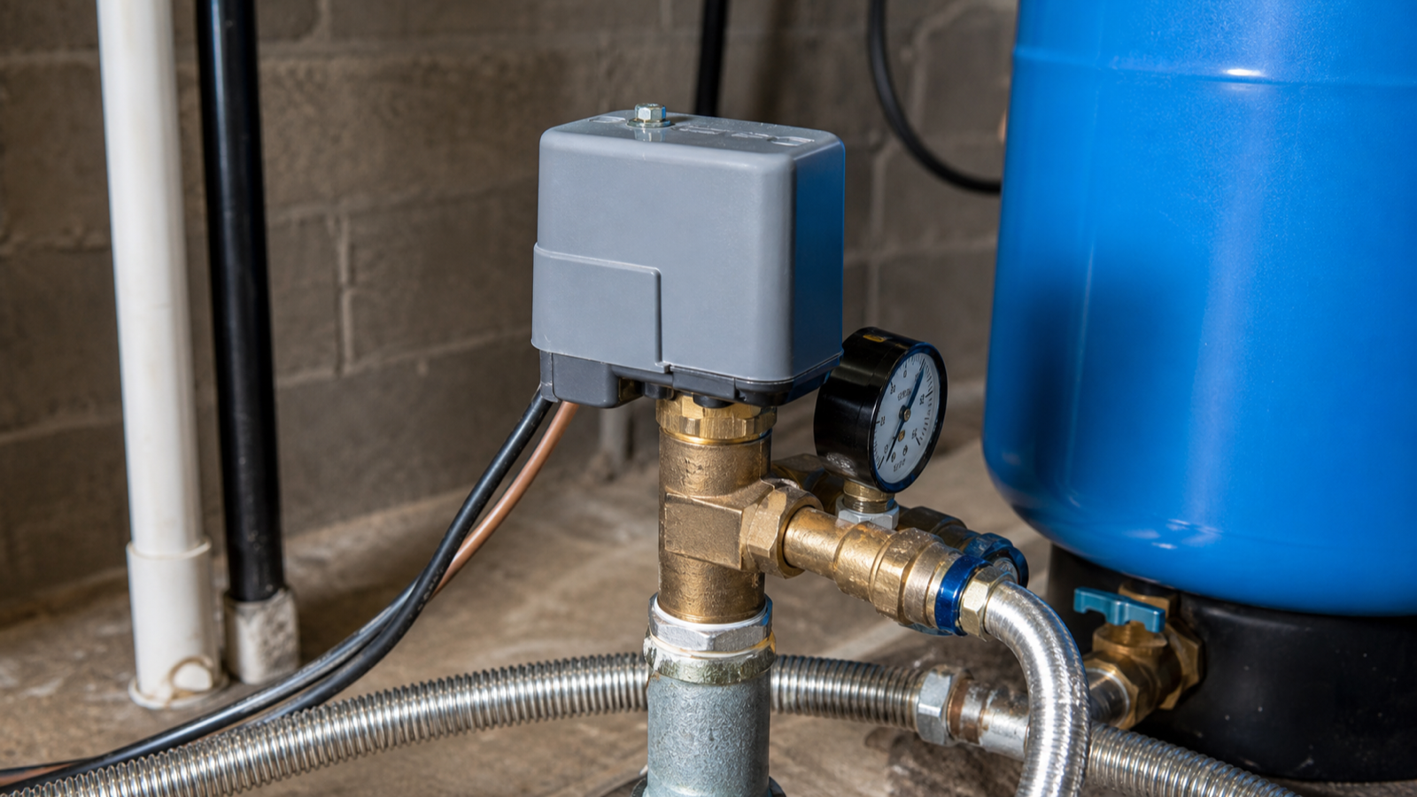 A well pressure switch mounted on a small pipe near a pressure tank