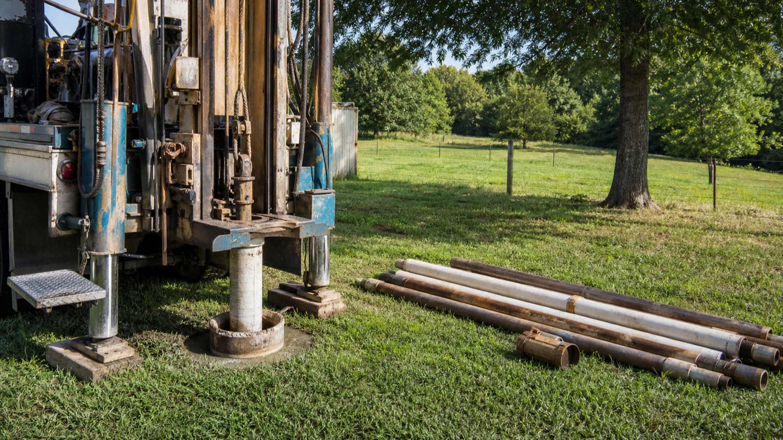 A service rig positioned over a well head with pipe laid out on the ground