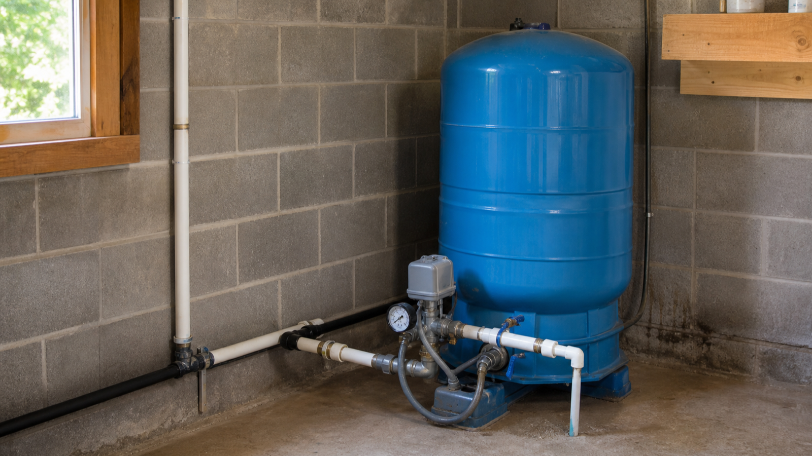 Residential well pressure tank and connected piping in a clean utility area