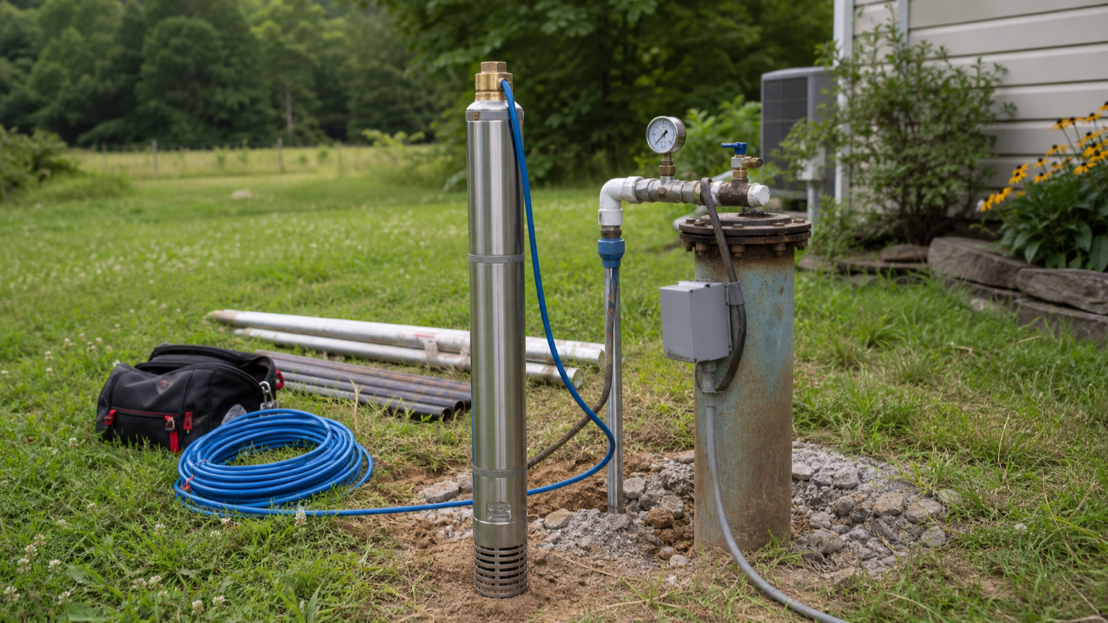 Well pump service equipment staged beside a residential well head before a pump replacement
