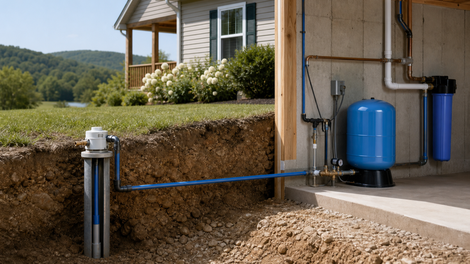 Diagram-style view of a residential well system with pump, pressure tank, and household plumbing