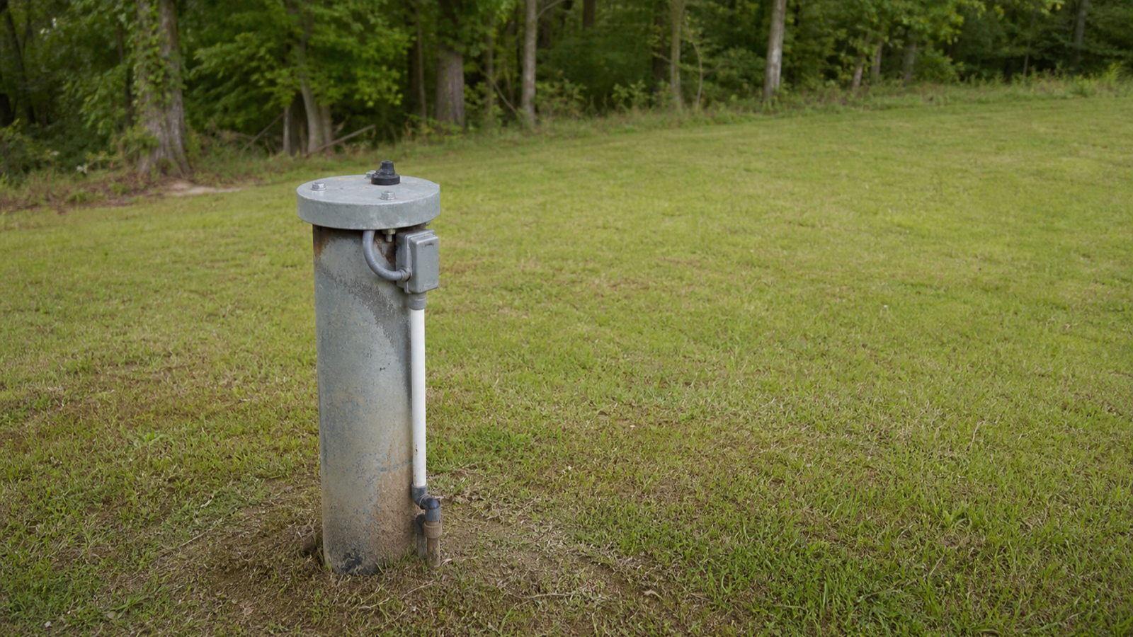 A capped well head casing rising from grass near a treeline on a rural property