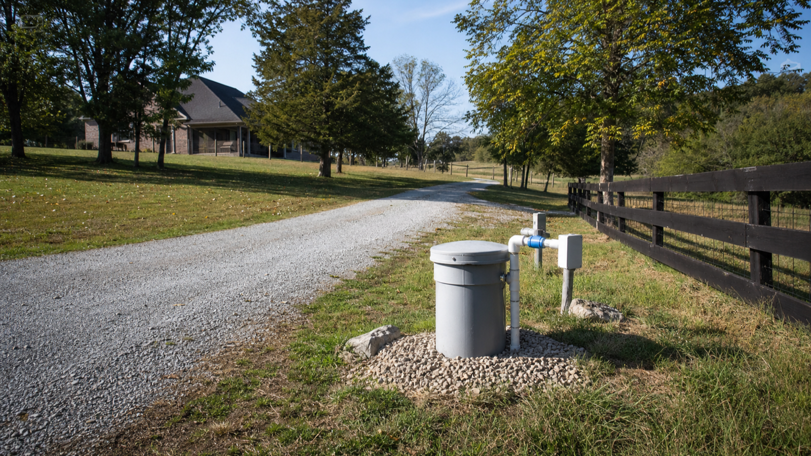 A clear gravel driveway leading toward a well head in a rural yard