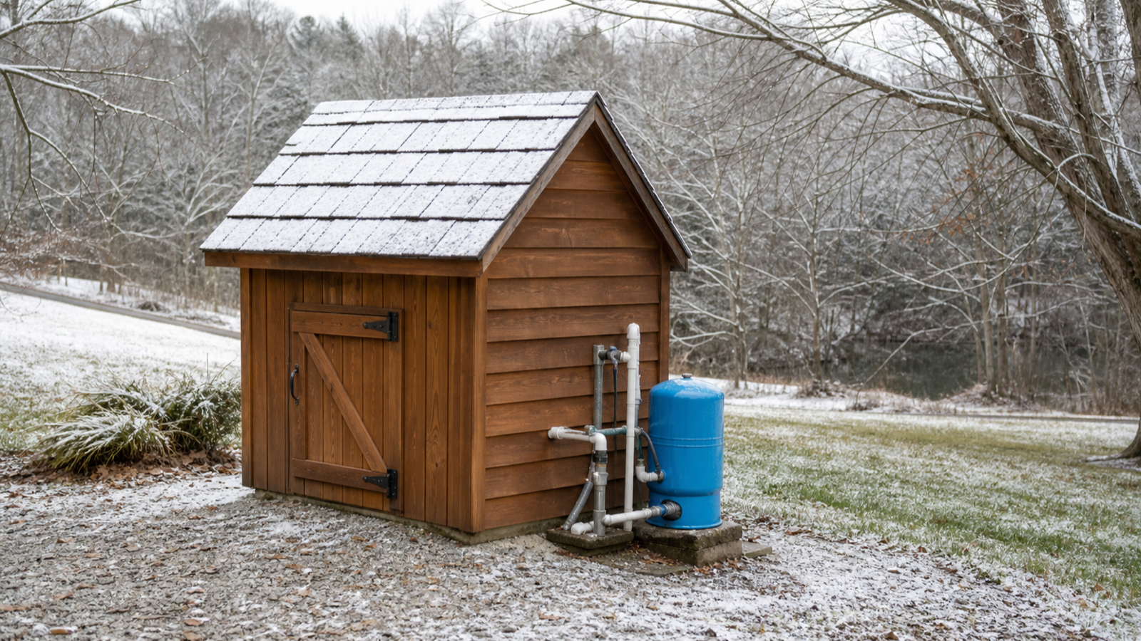 A small insulated well house dusted with snow in a rural winter yard
