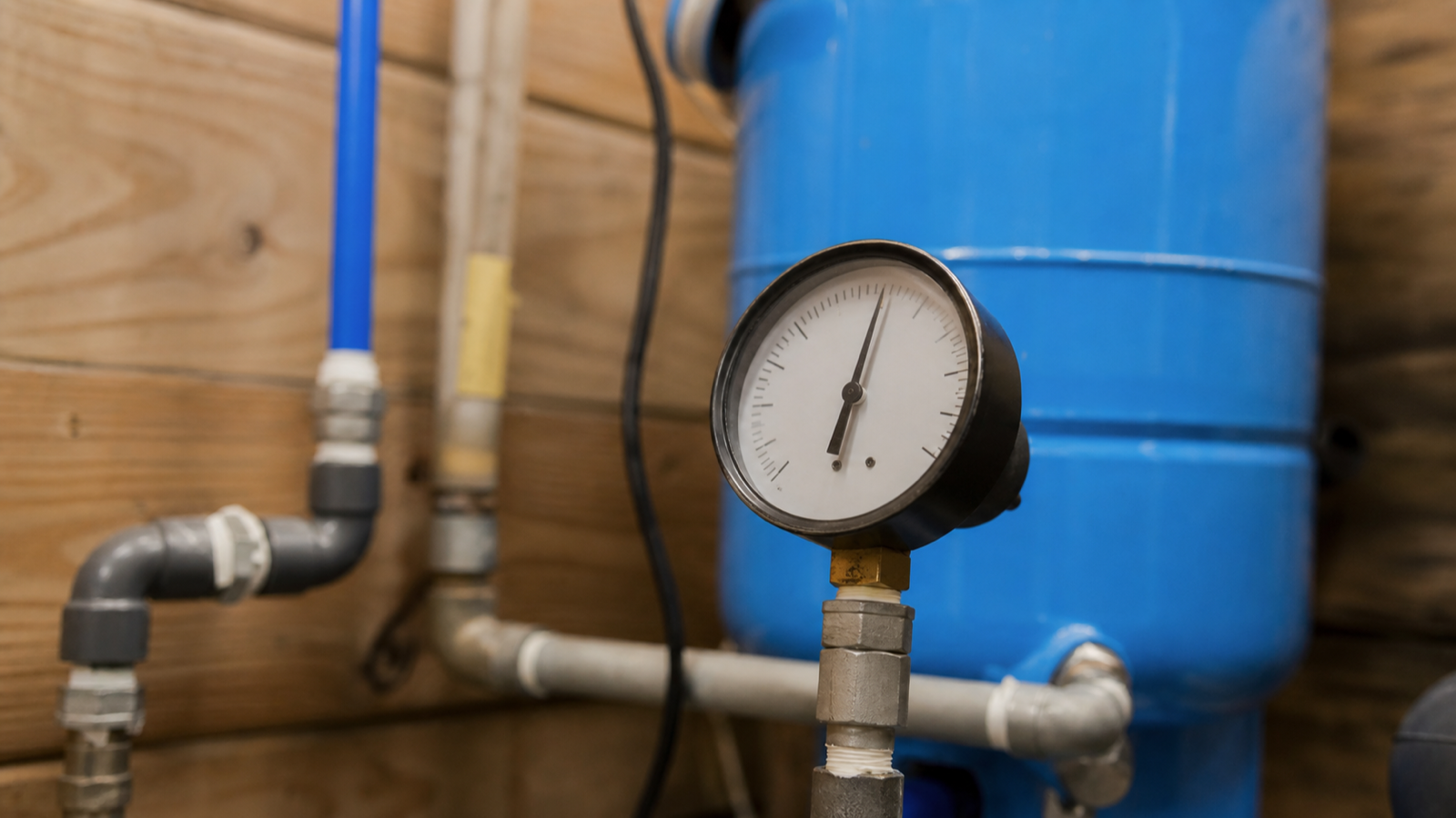 A round pressure gauge on well plumbing showing a pressure reading