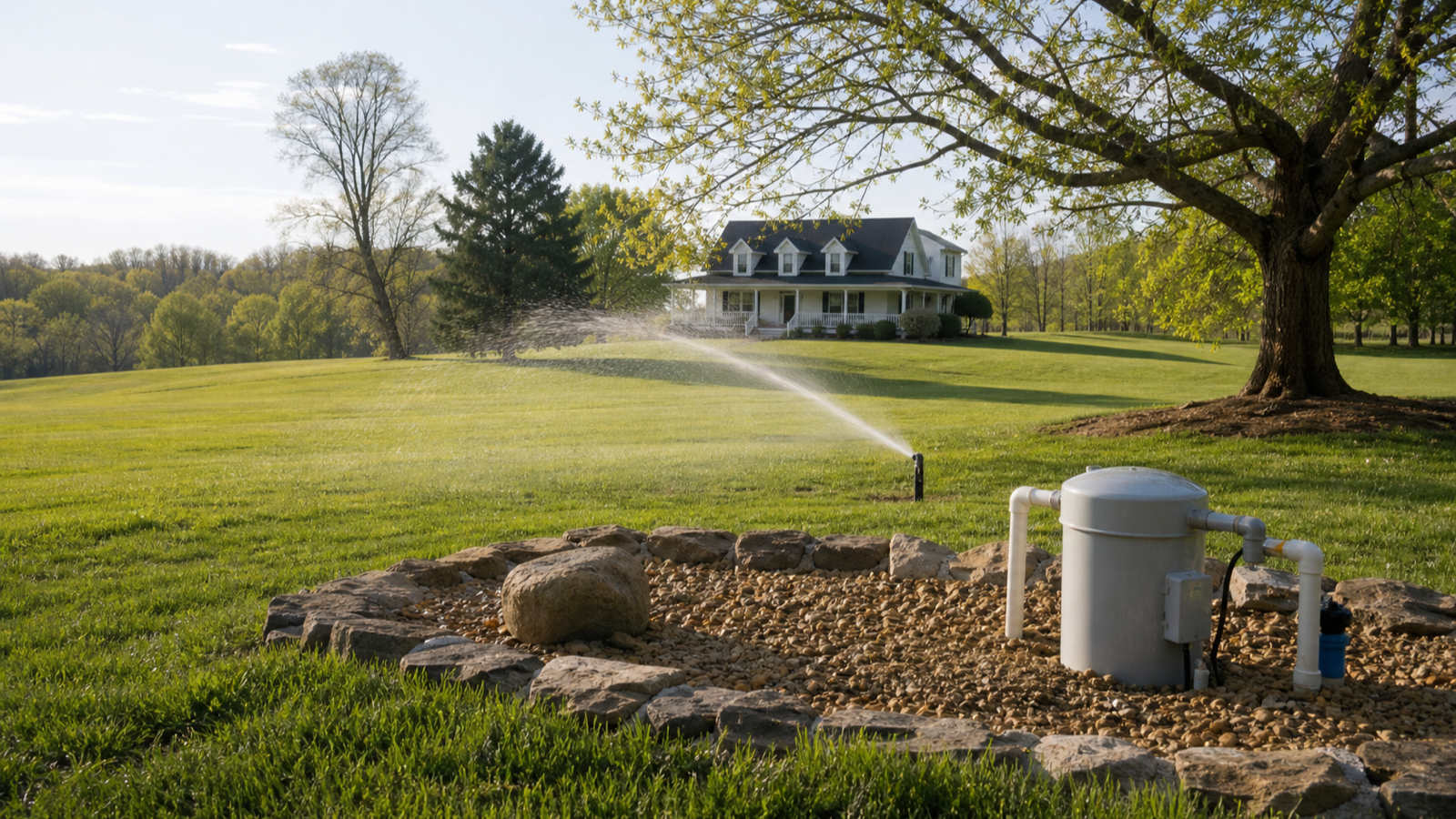 Sprinkler running in a large rural Tennessee yard with the house in the distance