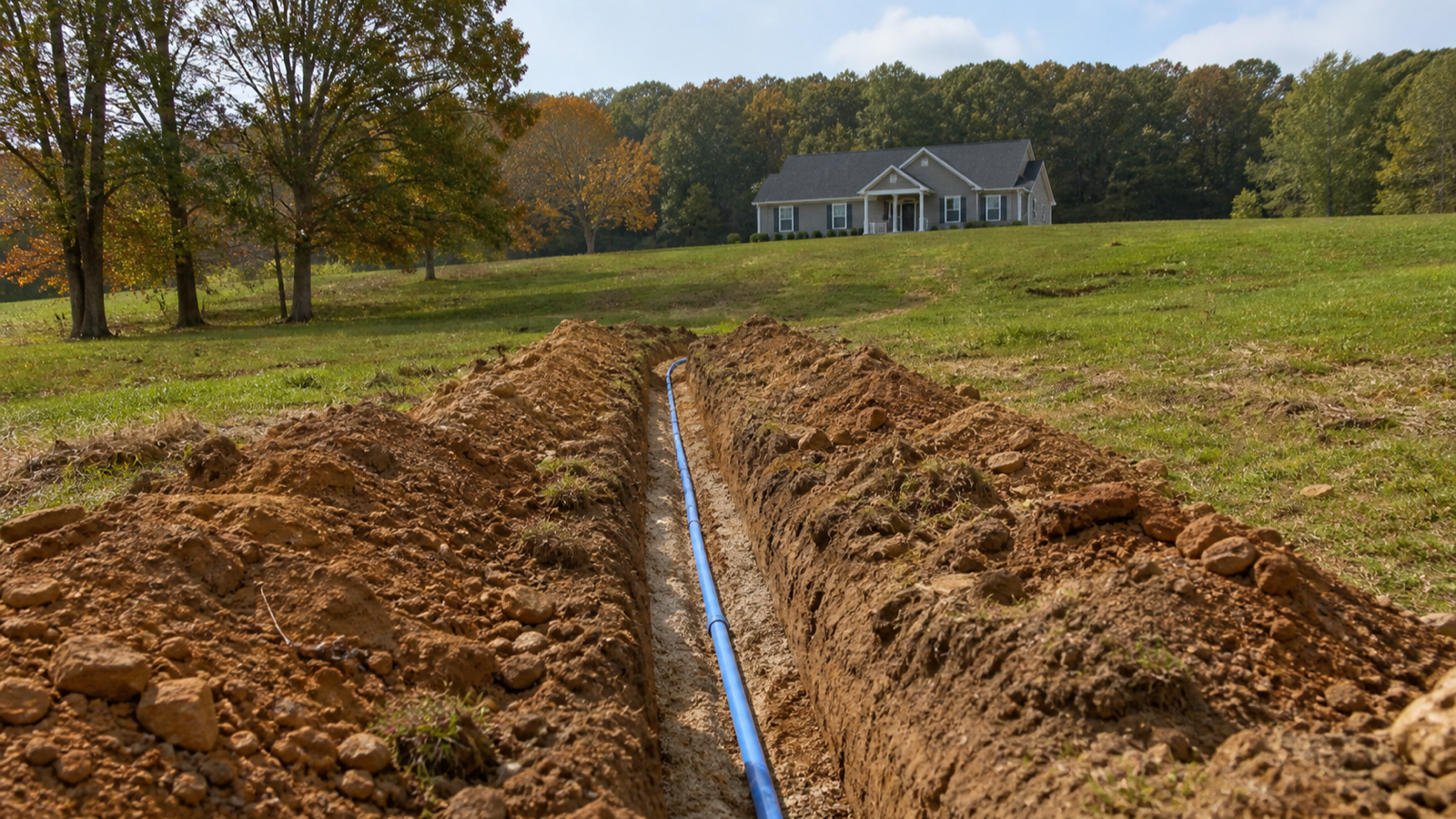 Long buried water-line trench crossing a rural Tennessee field toward a distant house