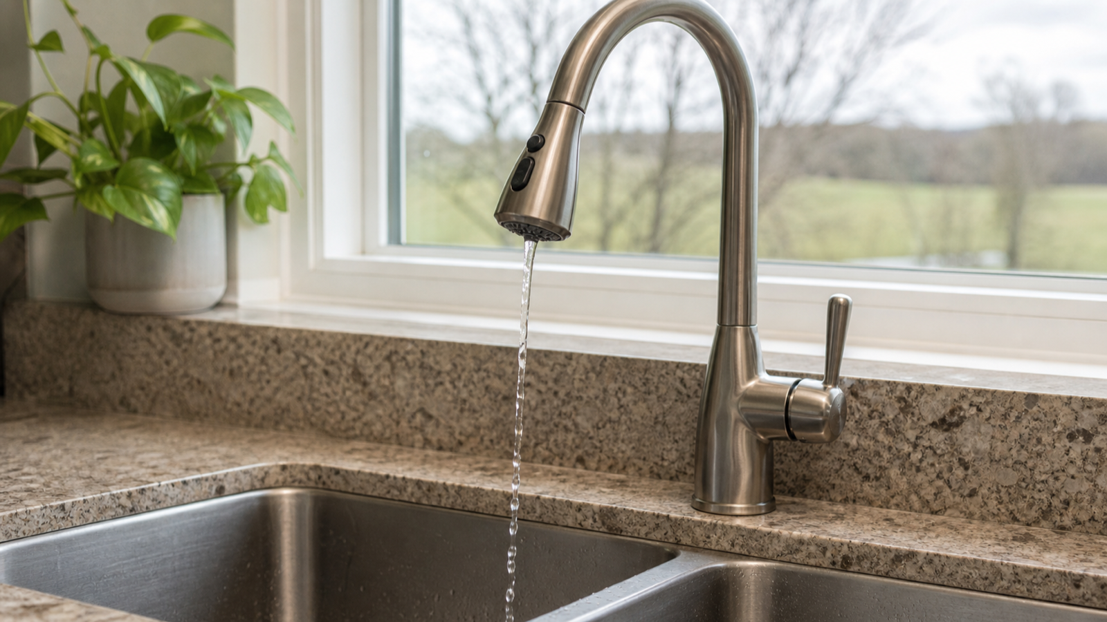 A kitchen faucet running a thin stream of water into a stainless sink