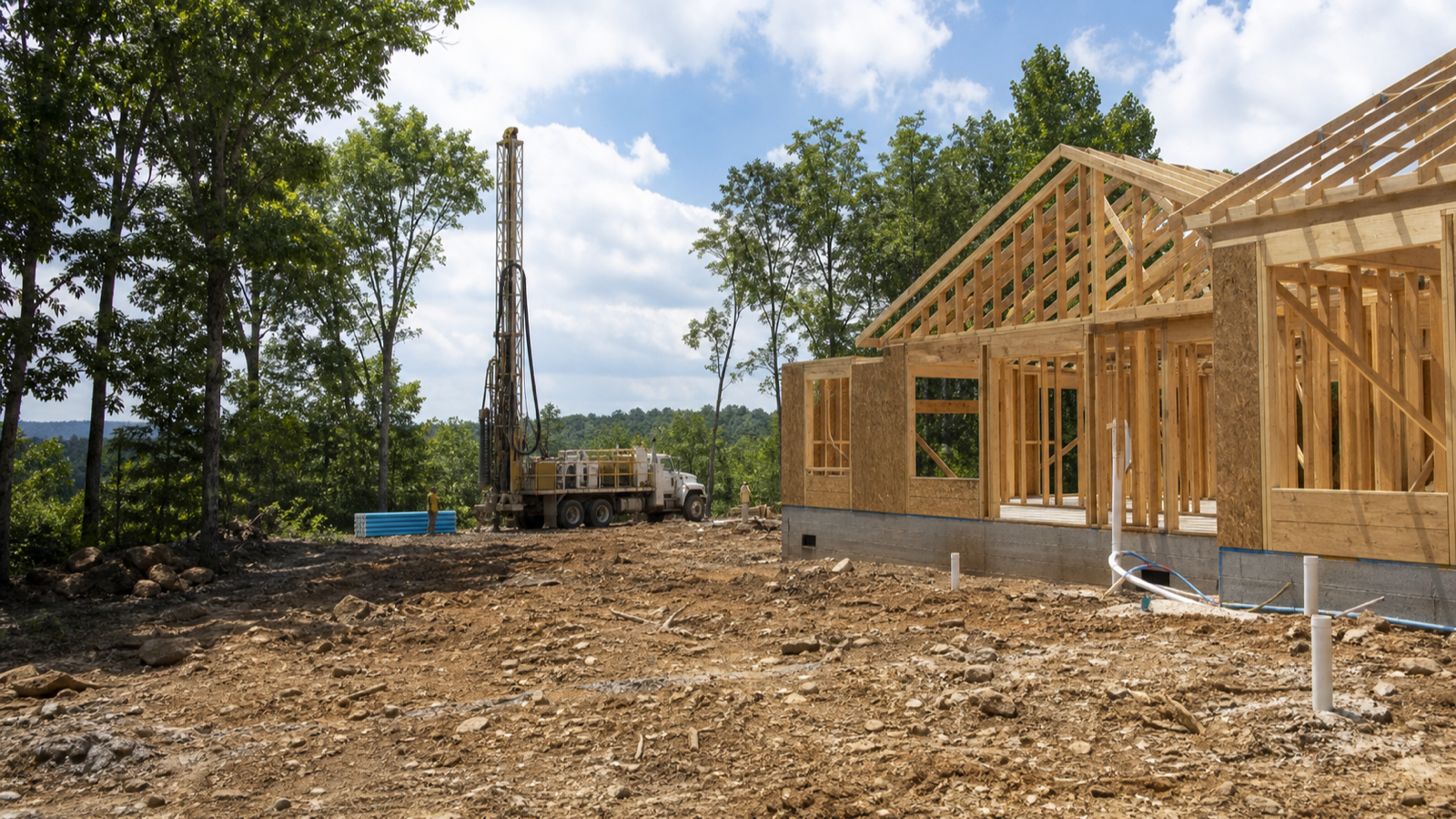 New home under construction on cleared rural Tennessee acreage with a drilling rig nearby