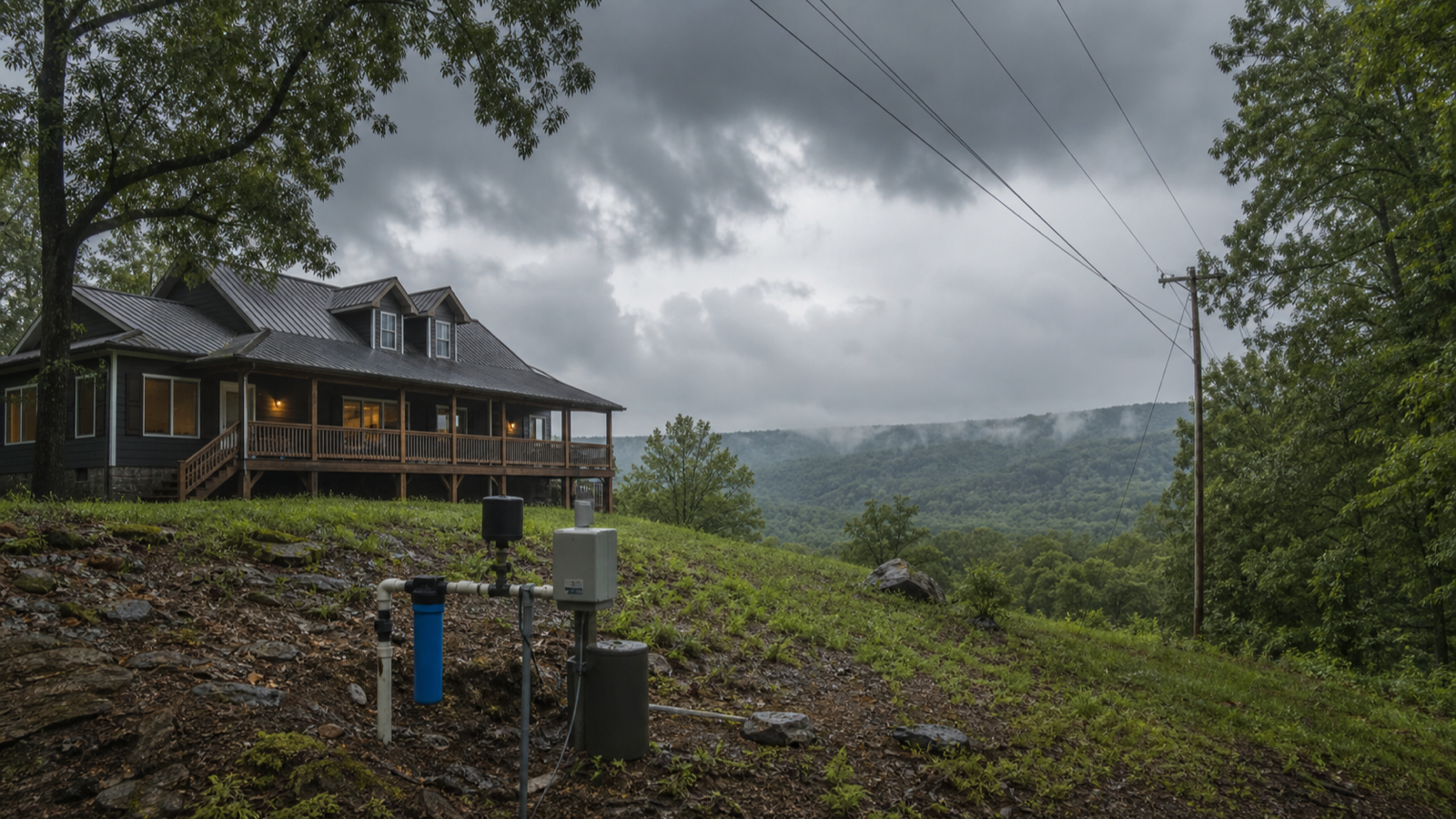 A rural Upper Cumberland home during a storm with power lines and wooded hillsides