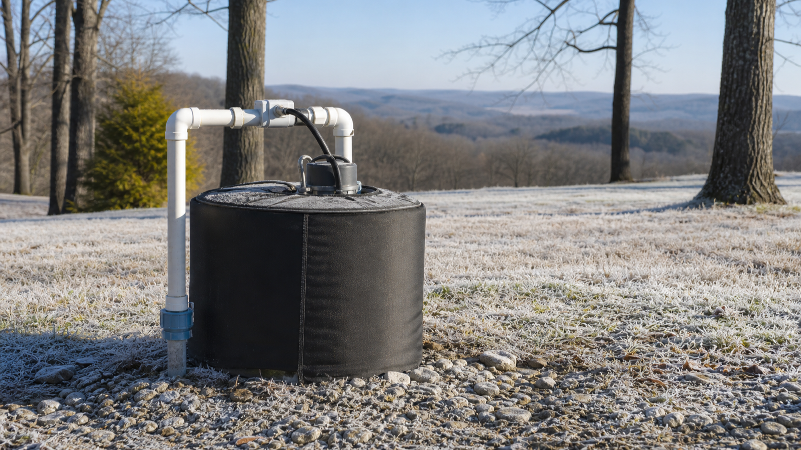 A snow-dusted well head and insulated pump housing on a rural Tennessee property in winter