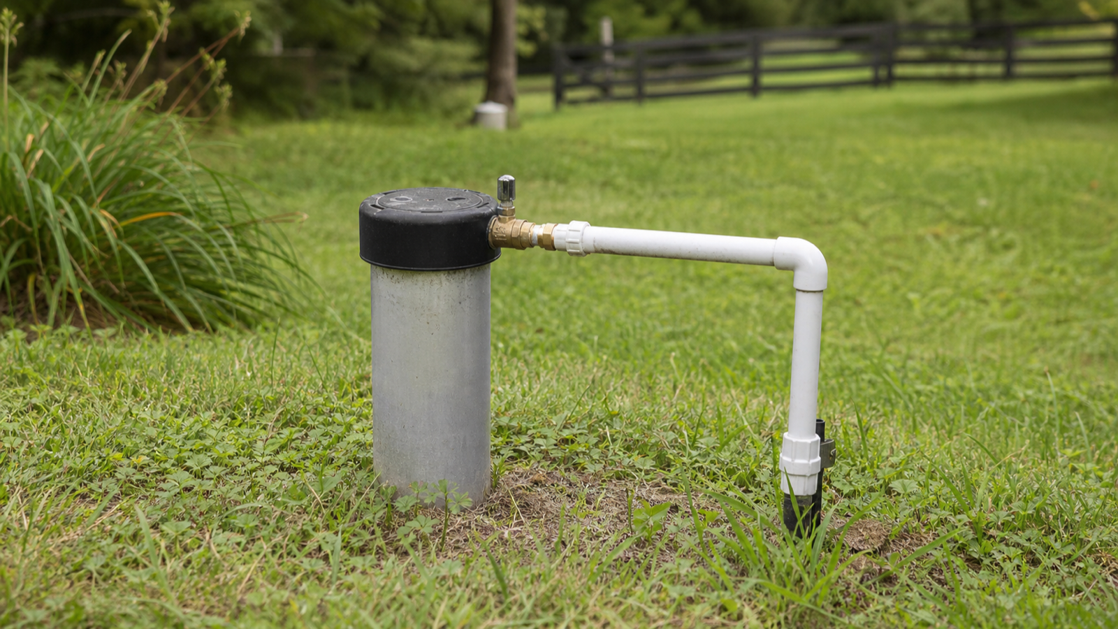 A well cap sitting on top of a well casing in a grassy yard