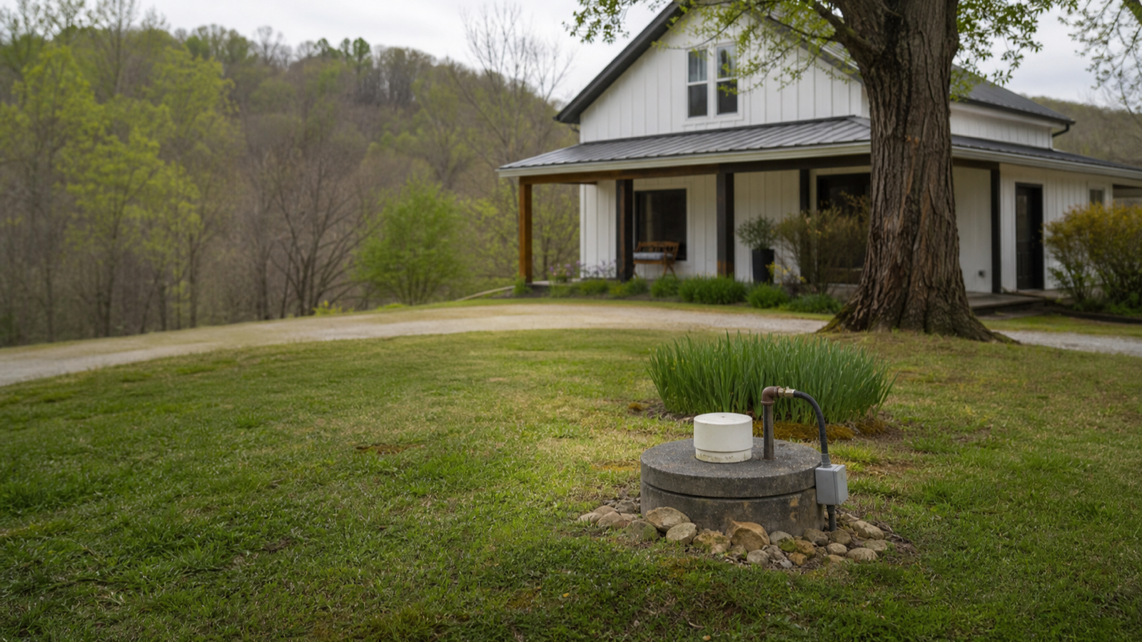 A rural farmhouse for sale with a well head visible in the front yard