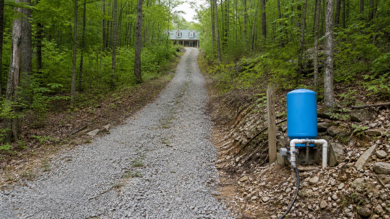 Long gravel driveway climbing through woods to a remote Tennessee property
