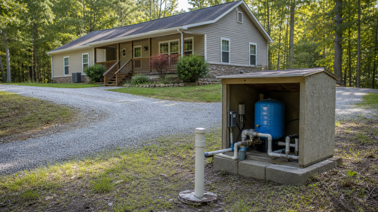 Rural Tennessee home on wooded acreage with a well and pressure tank nearby