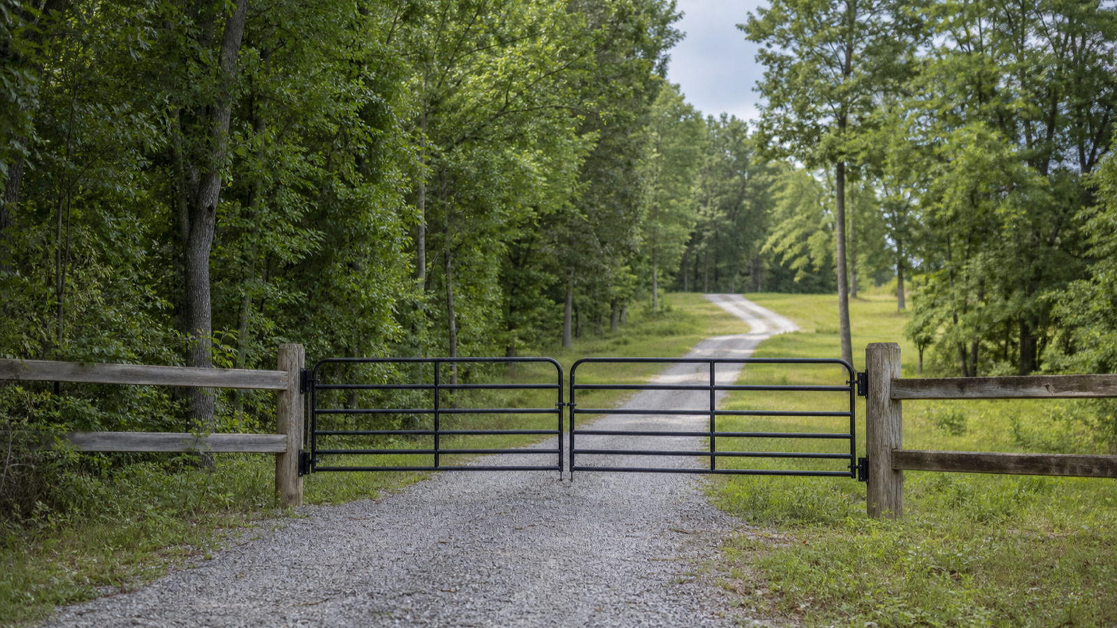 A gated gravel drive leading into wooded rural acreage in the Upper Cumberland