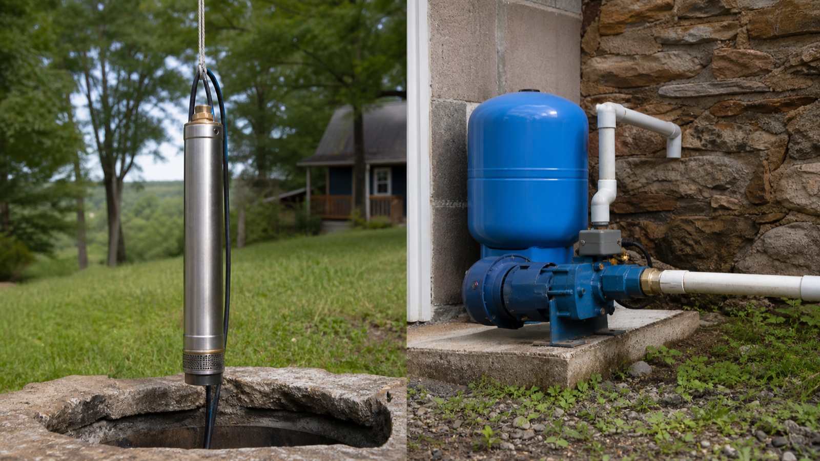 A submersible well pump and a surface jet pump shown side by side for comparison
