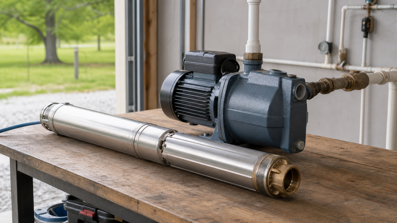 A submersible well pump beside a jet pump on a workbench showing their different shapes