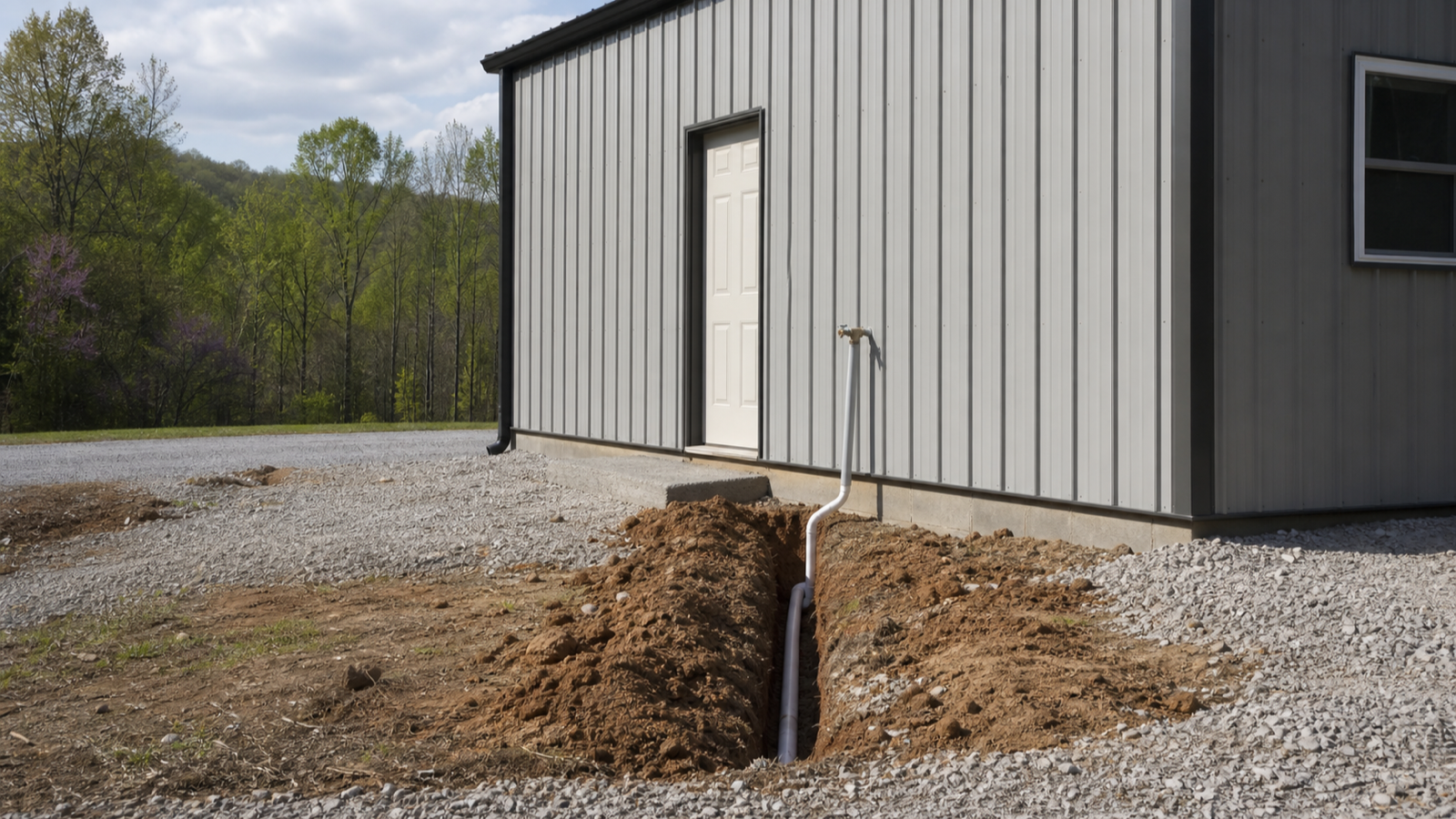 Detached metal workshop on rural Tennessee property with a water spigot