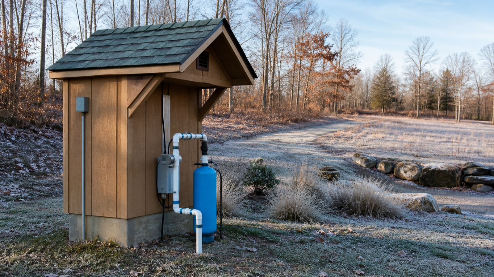 Small wooden well house on rural Tennessee property in winter