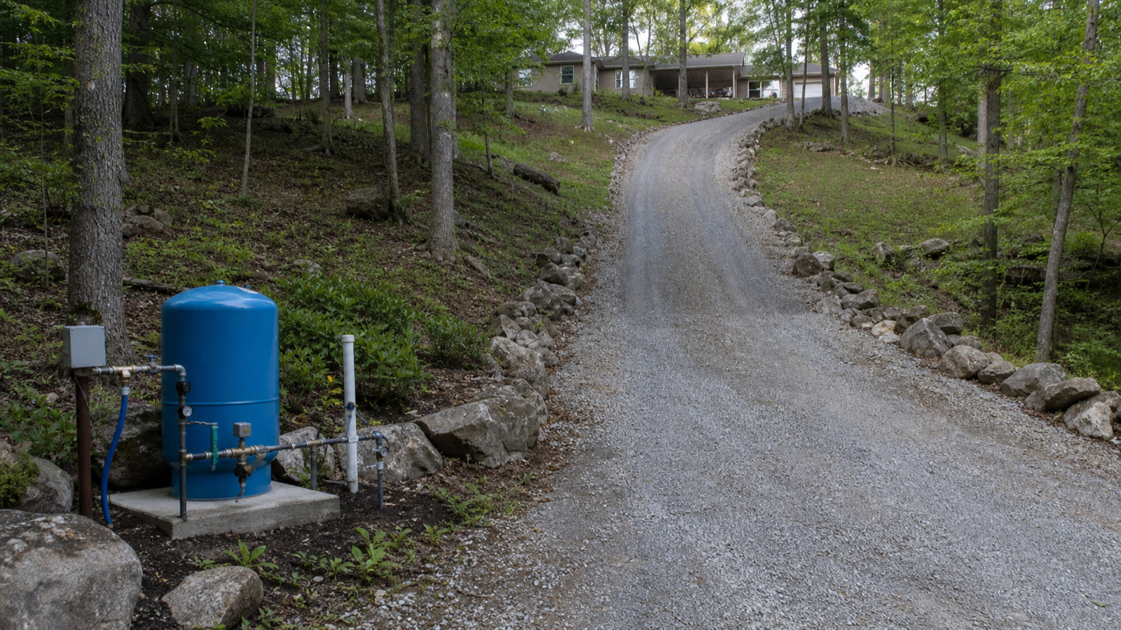 A long gravel driveway climbing a steep wooded hillside to a rural home in the Upper Cumberland