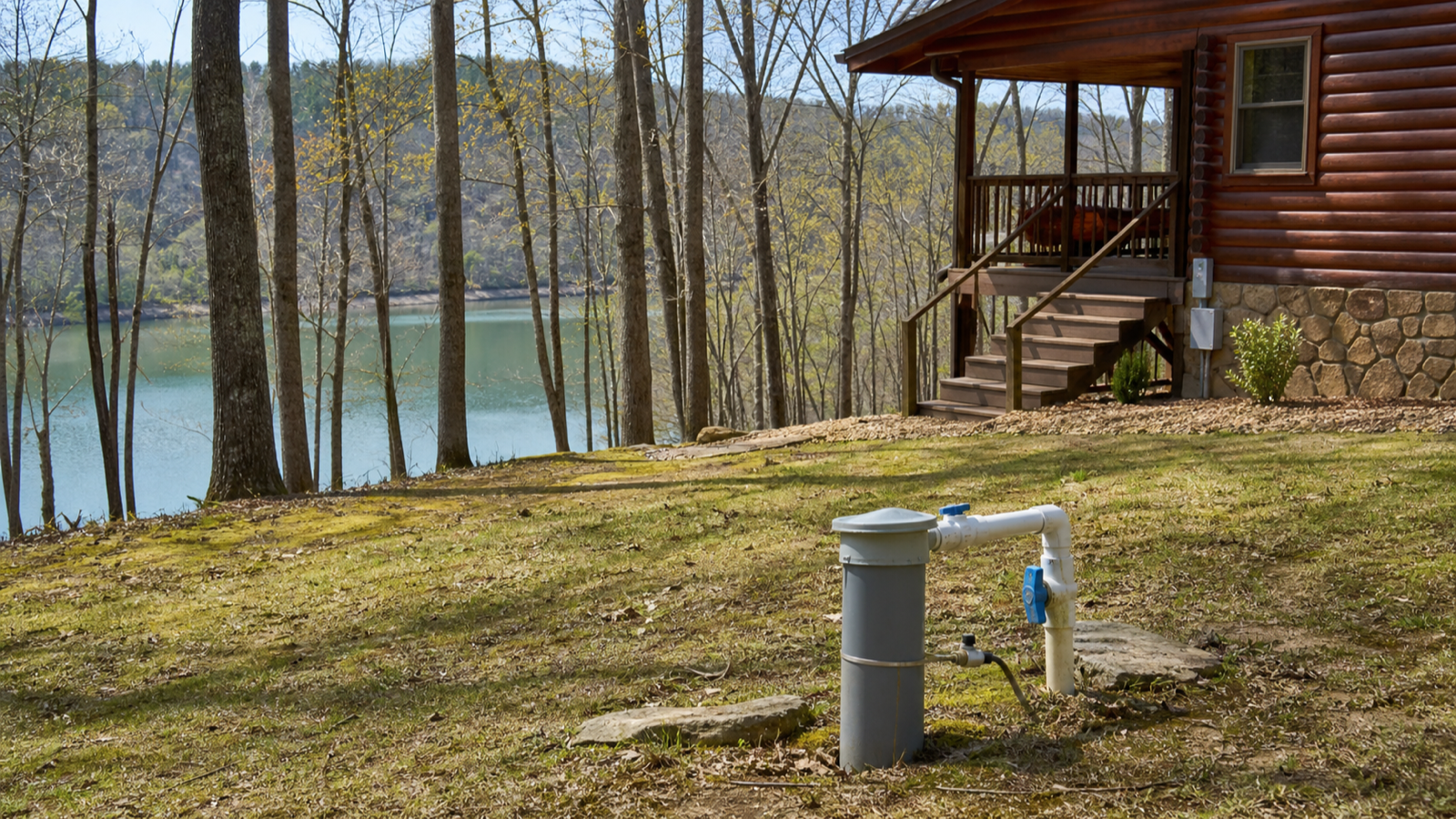 A wooded lakeside cabin in the Upper Cumberland with a well head nearby