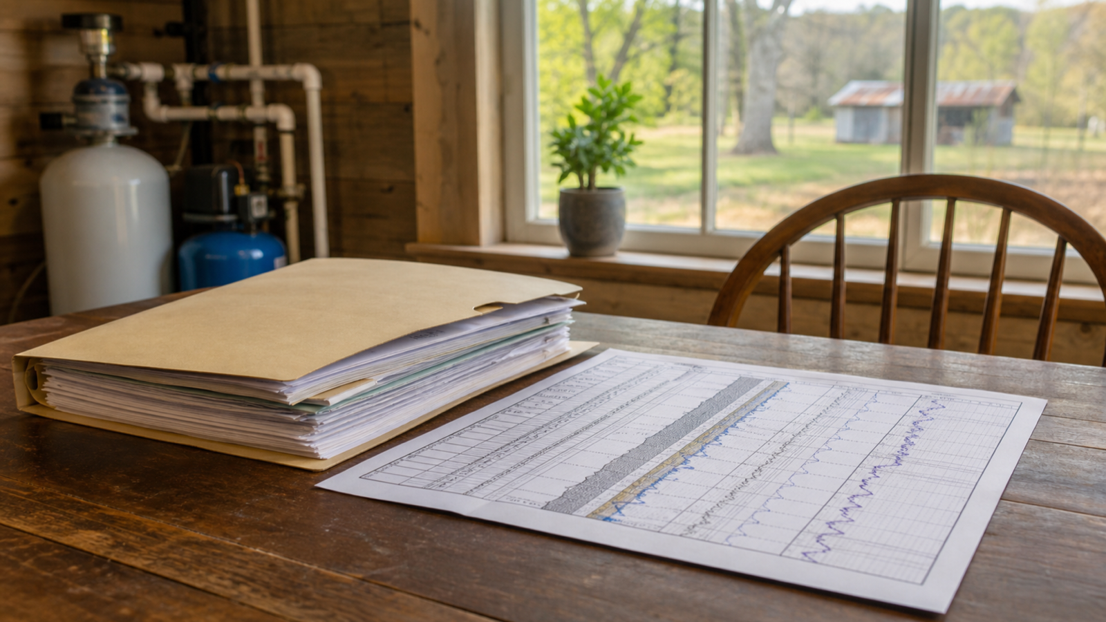 A folder of well-system documents on a table at a rural Upper Cumberland home