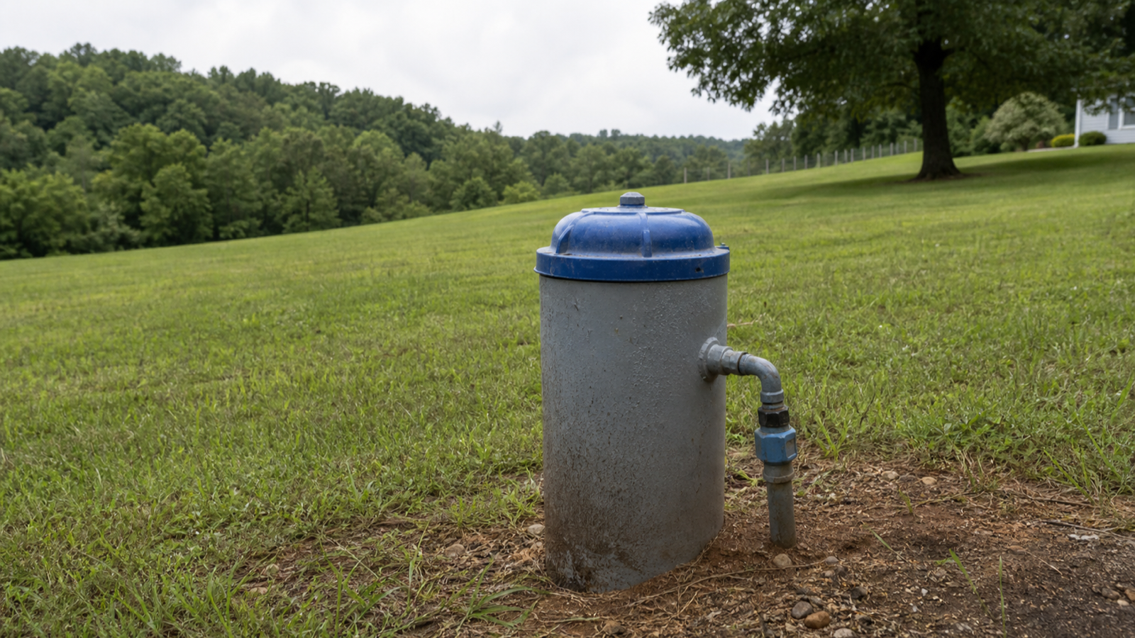 A well casing in a rural yard with a pump wire and pitless adapter visible