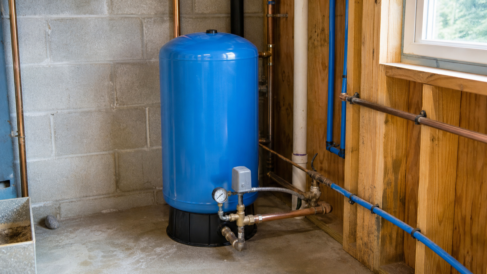 A blue well pressure tank connected to household water piping in a utility area