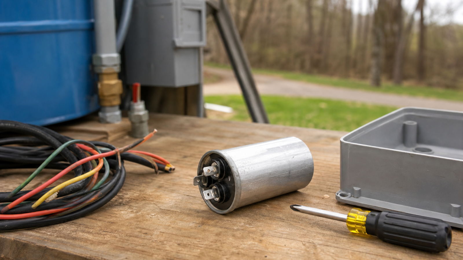 A cylindrical motor capacitor sitting beside pump electrical components