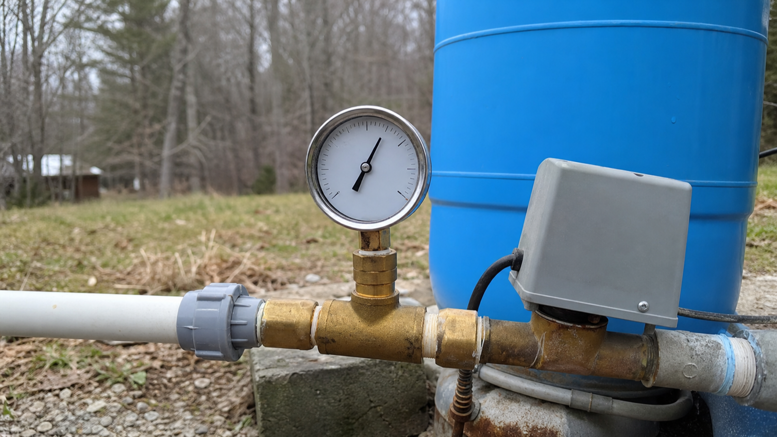 A round pressure gauge mounted near a well pressure tank showing the needle mid-dial