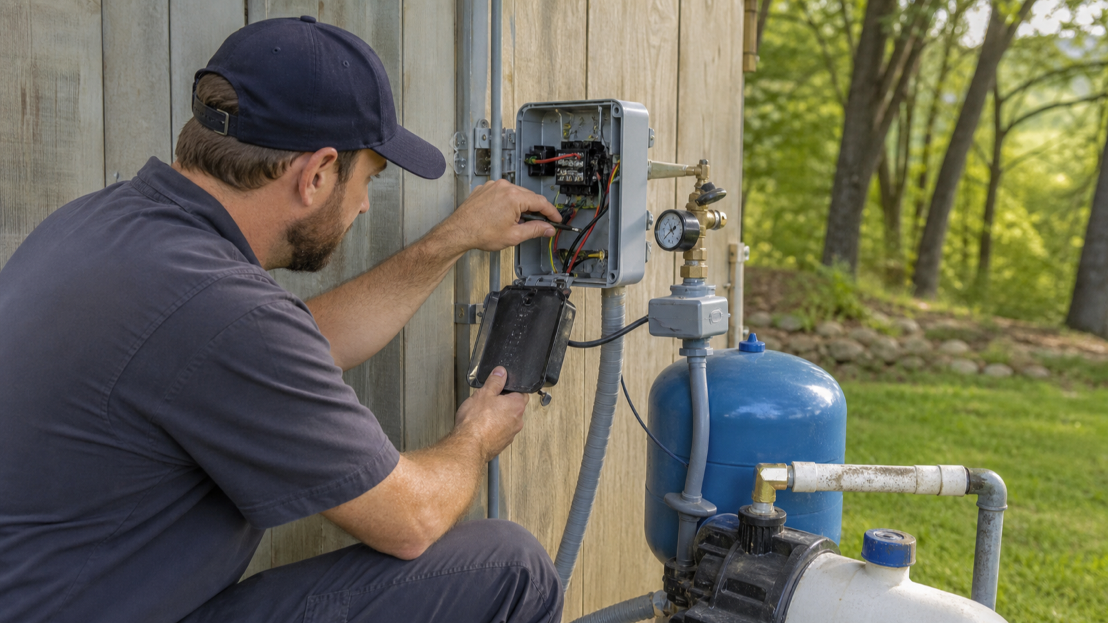 Technician evaluating the electrical controls and pressure switch of a residential well system