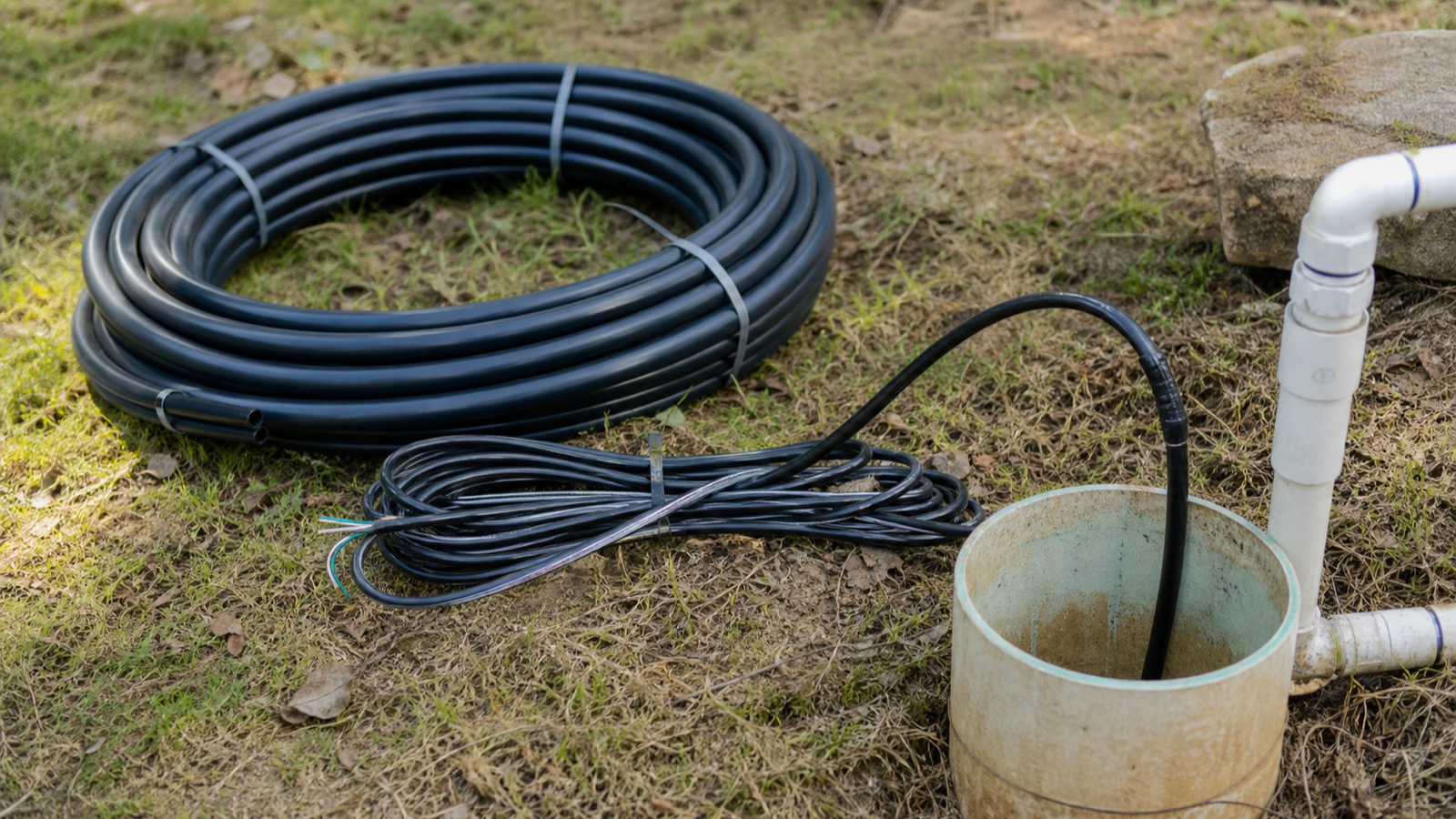 Coils of black poly drop pipe and pump wire beside a well casing