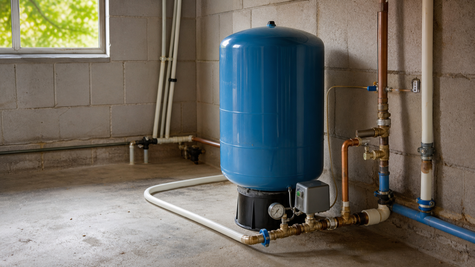 A private well pressure tank and plumbing connections in a residential utility room