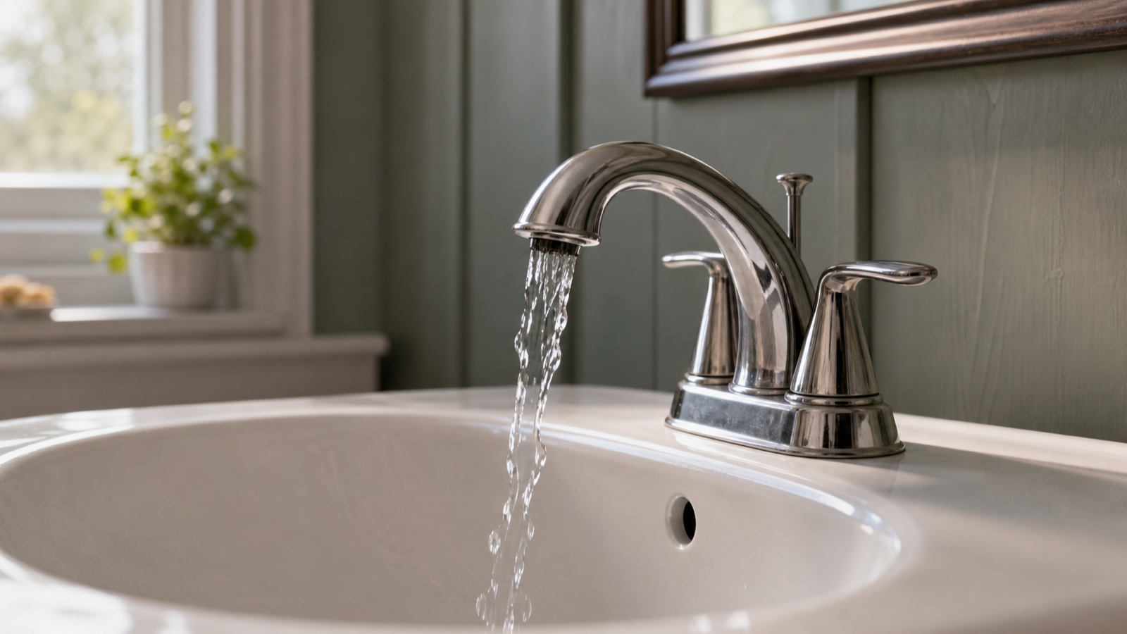Water pulsing unevenly from a bathroom faucet into a white sink