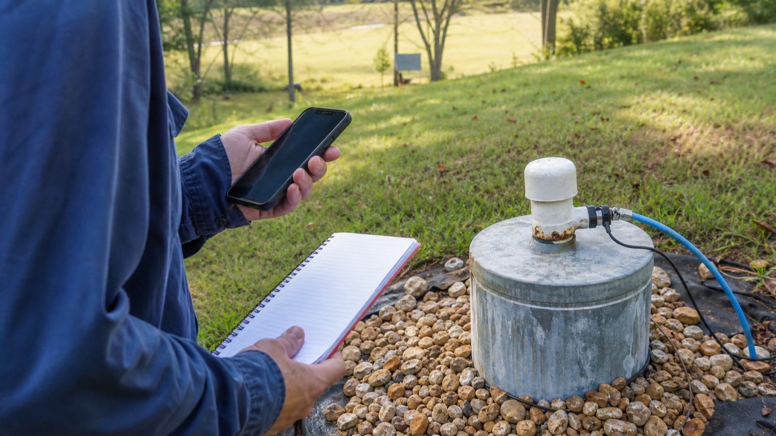 A homeowner's notebook and phone beside an outdoor well head in a rural Tennessee yard