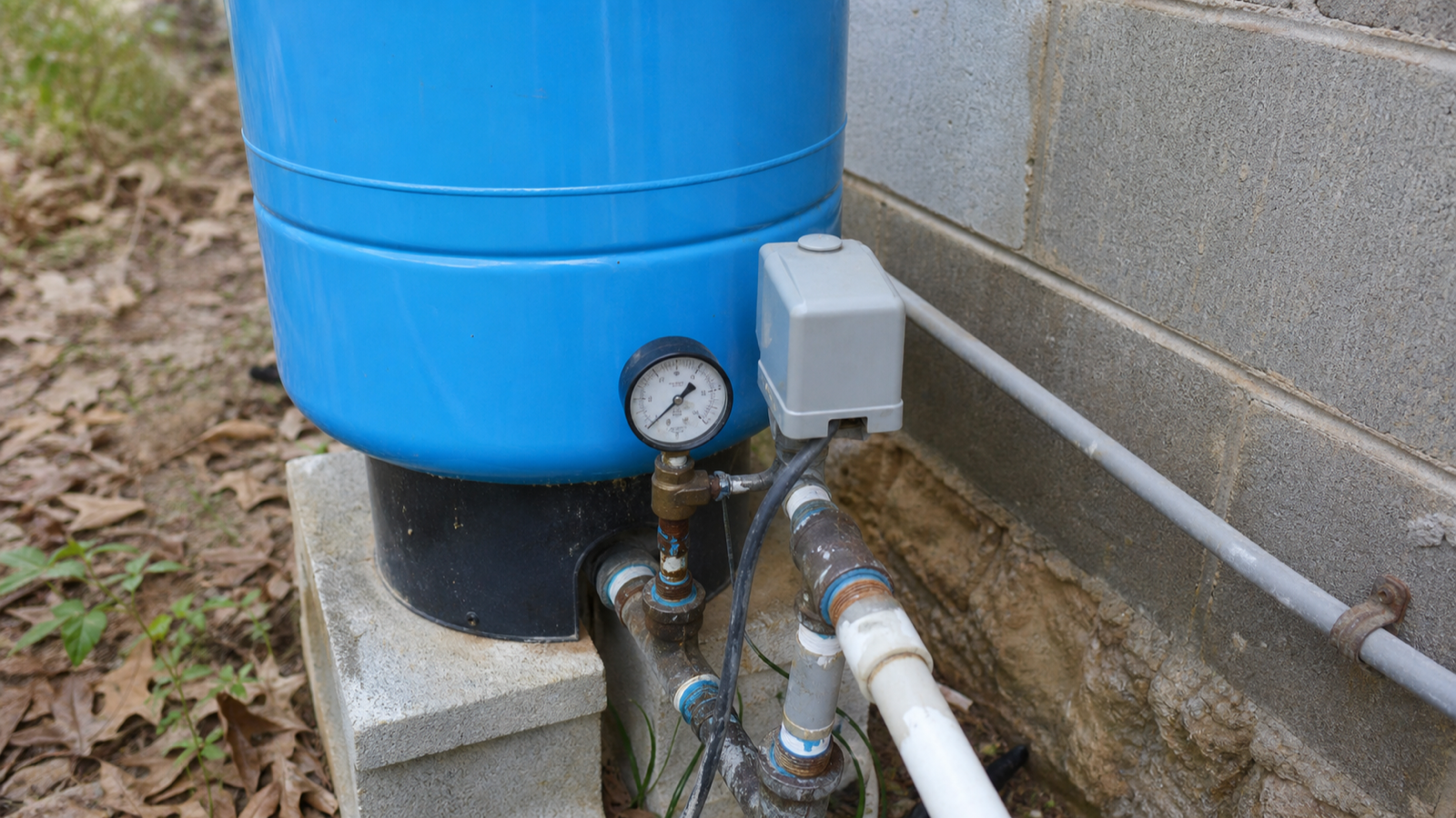 Homeowner photographing a well pressure tank and gauge to prepare a service request