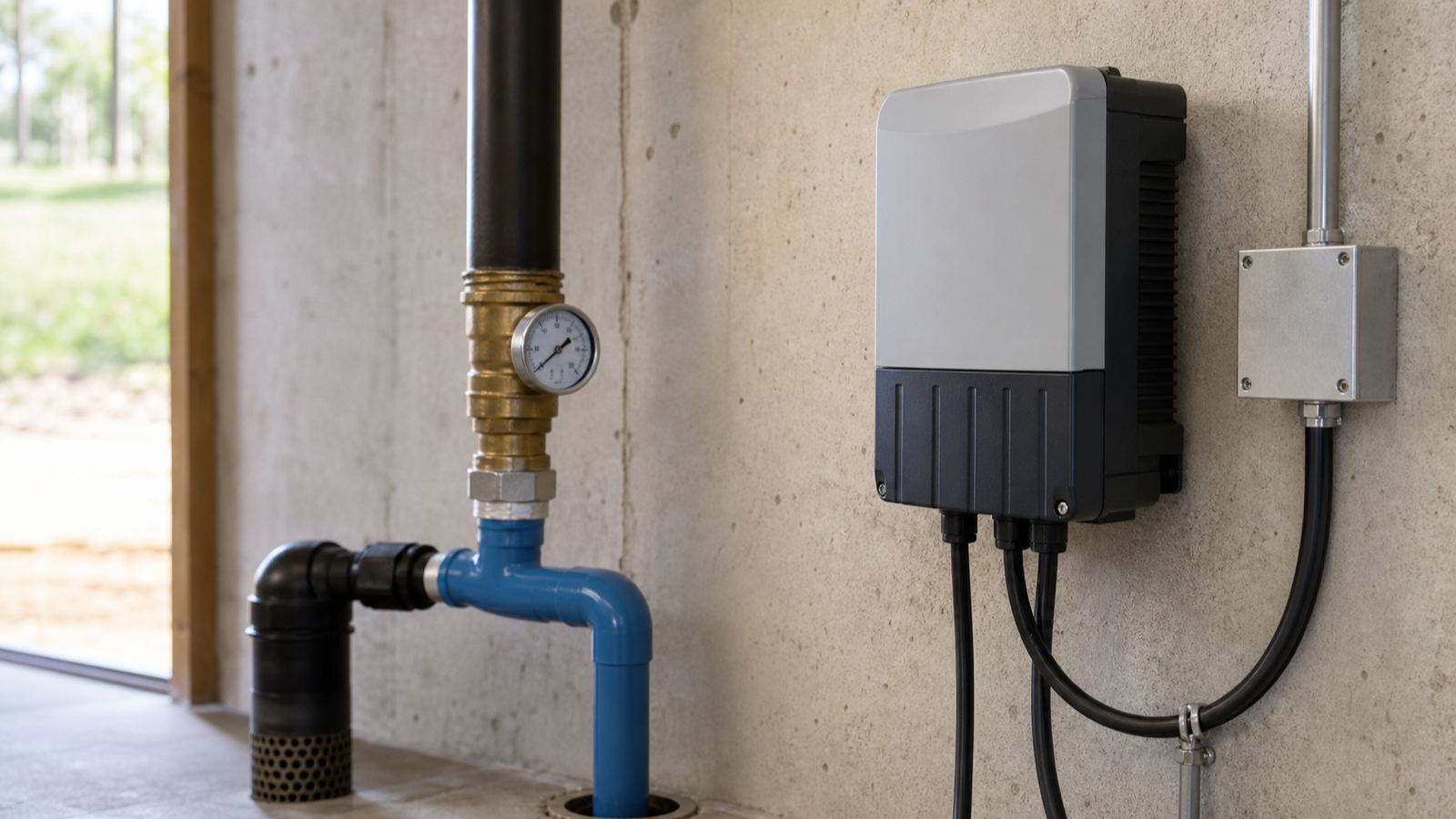 A variable-speed constant-pressure controller mounted on a wall near well plumbing