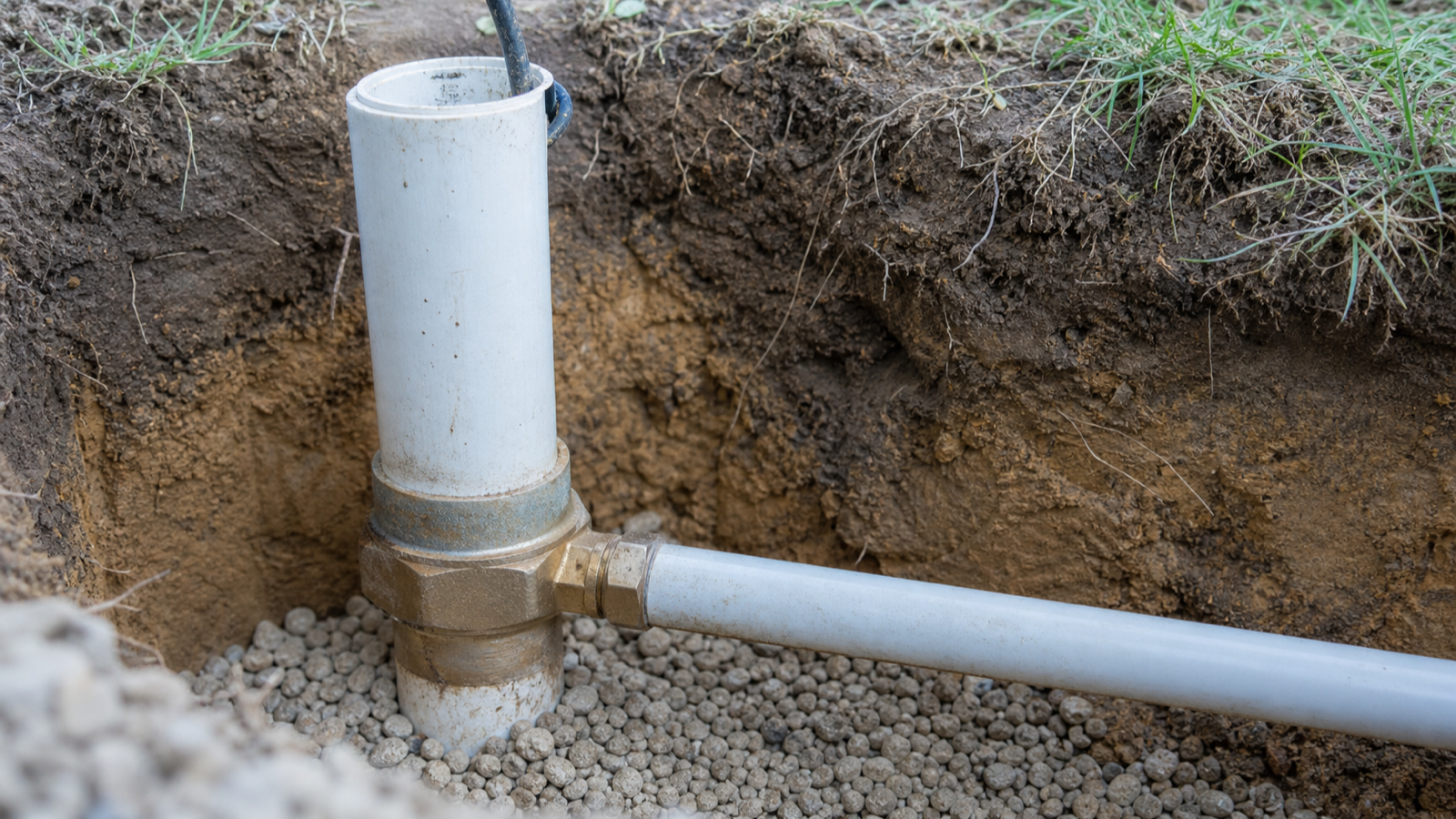 A pitless adapter fitting on a well casing below ground level