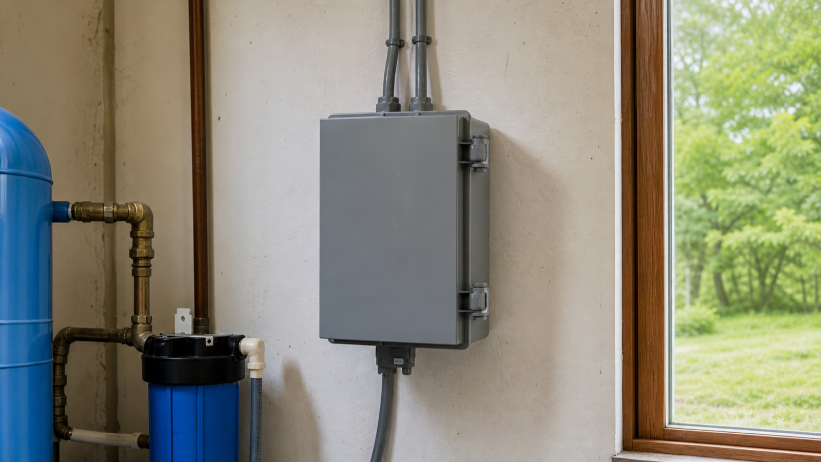 A well pump control box mounted on a wall near household electrical wiring